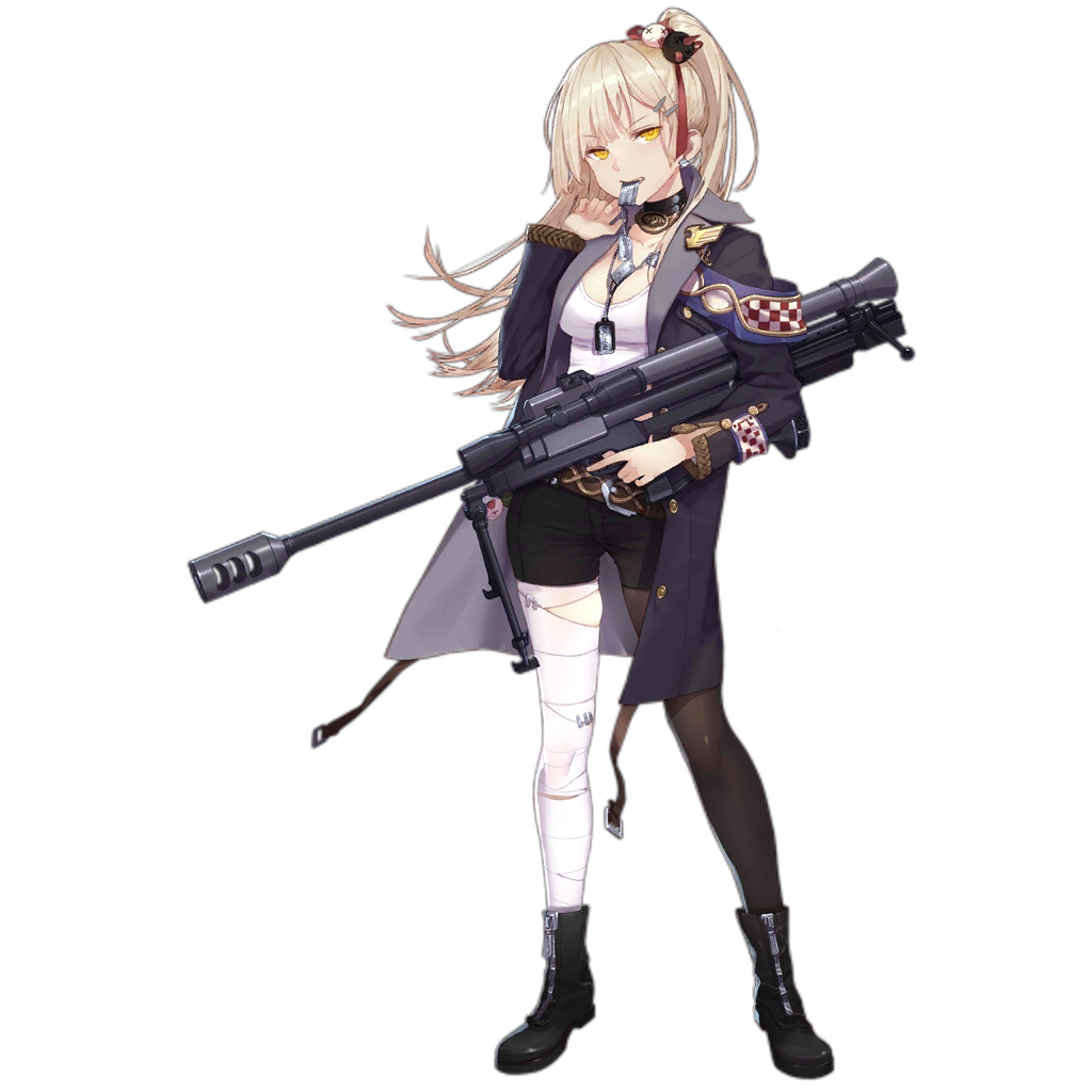 1girl, agencija_alan, anti-materiel_rifle, badge, bandaged_leg, bandages, black_pantyhose, black_shorts
