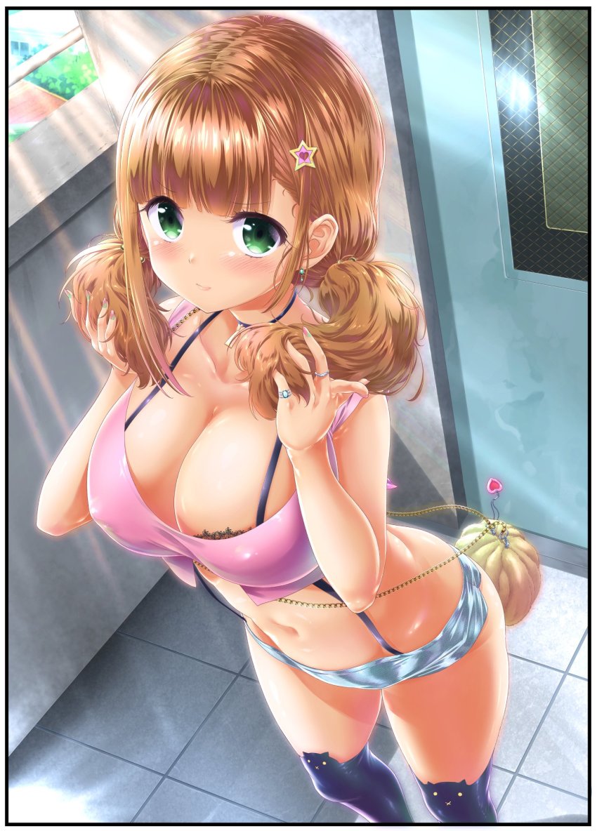 1girl, animal_ear_legwear, bag, bare_shoulders, black_bra, black_thighhighs, blue_shorts, blunt_bangs, blush, bra, breasts, brown_hair, cat_ear_legwear, closed_mouth, collarbone, covered_erect_nipples, cowboy_shot, crop_top, day, door, earrings, eyelashes, female_focus, from_above, gradient_nails, green_eyes, groin, gyaru, hair_bobbles, hair_ornament, halterneck, hands_in_own_hair, hands_up, highres, jewelry, lace, lace-trimmed_bra, lace_trim, large_breasts, long_hair, looking_at_viewer, low_twintails, nail_polish, navel, outdoors, ran_(yamatoagu), ring, shiny_skin, short_shorts, shorts, shoulder_bag, sidelocks, solo, standing, star_(symbol), star_hair_ornament, stomach, tank_top, thighhighs, tile_floor, tiles, twintails, underwear
