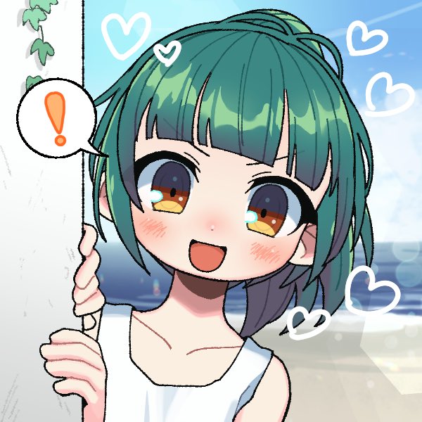 !, 1girl, avatar_generator, ban_(ban026), beach, blue_sky, blunt_bangs, brown_eyes