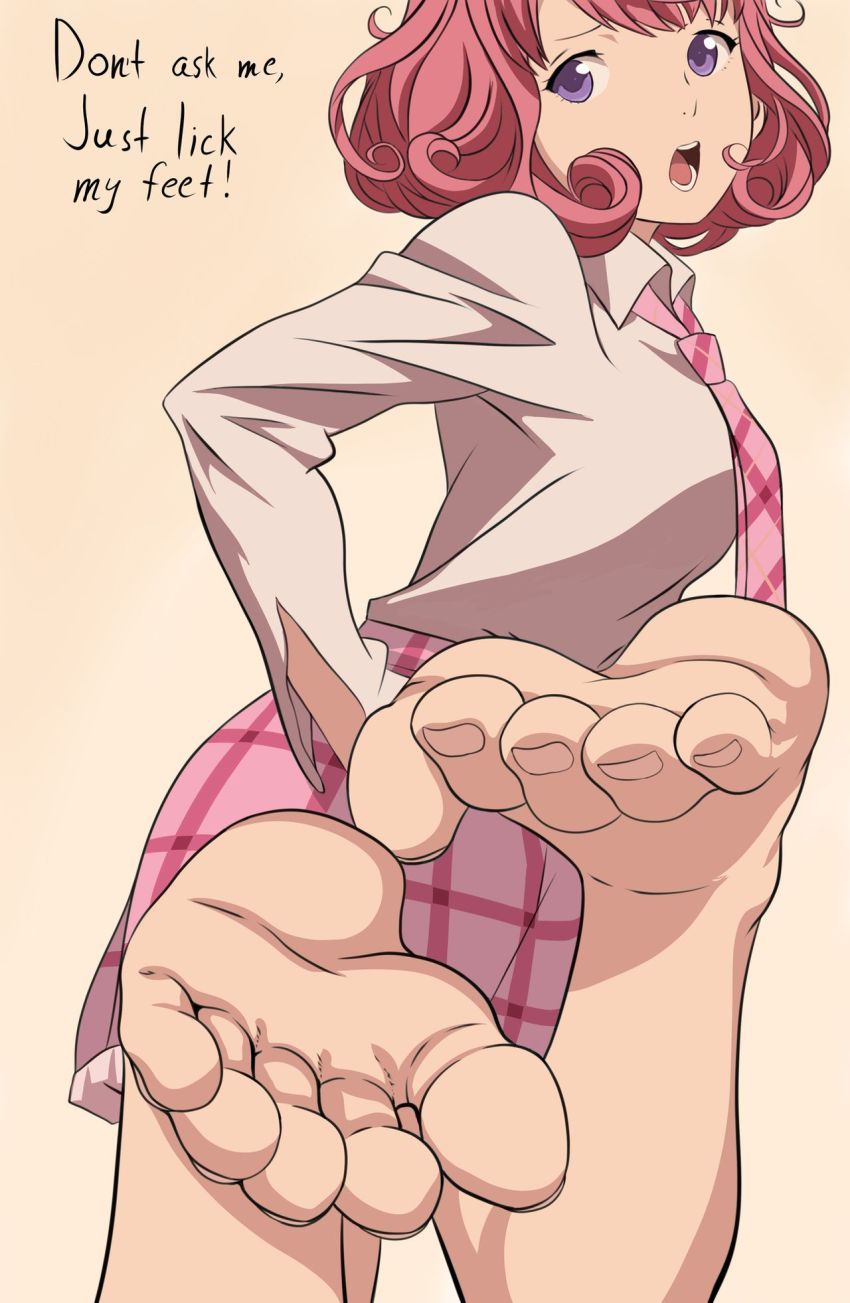 1girl, feet, female_focus, gigabaka, highres, kofuku, noragami, pink_hair, purple_eyes, short_hair, skirt, soles, solo, toes