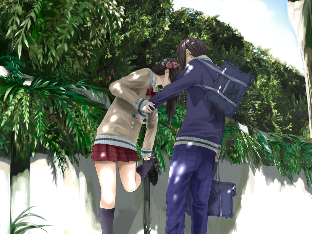 00s, 1boy, 1girl, axis_powers_hetalia, bad_id, bad_pixiv_id, bag, black_hair, brown_hair, butahaton, cellphone, charm_(object), couple, day, flower, from_below, hair_flower, hair_ornament, hetero, hong_kong_(hetalia), kneehighs, loafers, looking_down, outdoors, phone, plant, pleated_skirt, school_bag, school_uniform, shoes, skirt, slice_of_life, socks, taiwan_(hetalia), ton, ton_(pixiv297588)