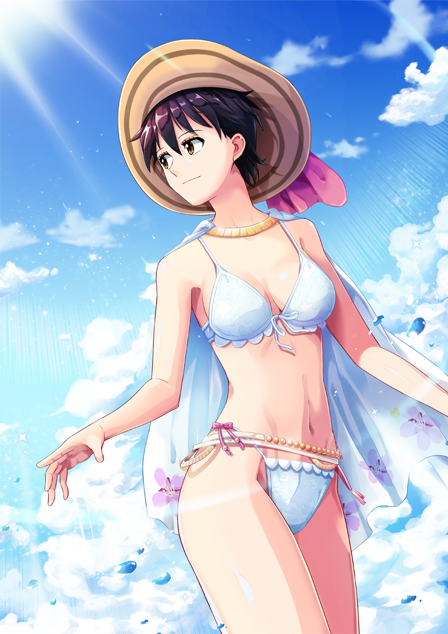1girl, bikini, blue_sky, breasts, brown_eyes, brown_hair, cape, cleavage