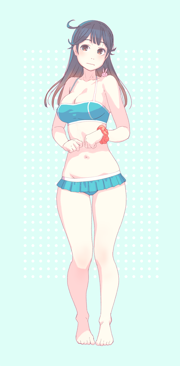 1girl, ahoge, barefoot, bikini, bikini_skirt, black_hair, blue_background, blue_bikini