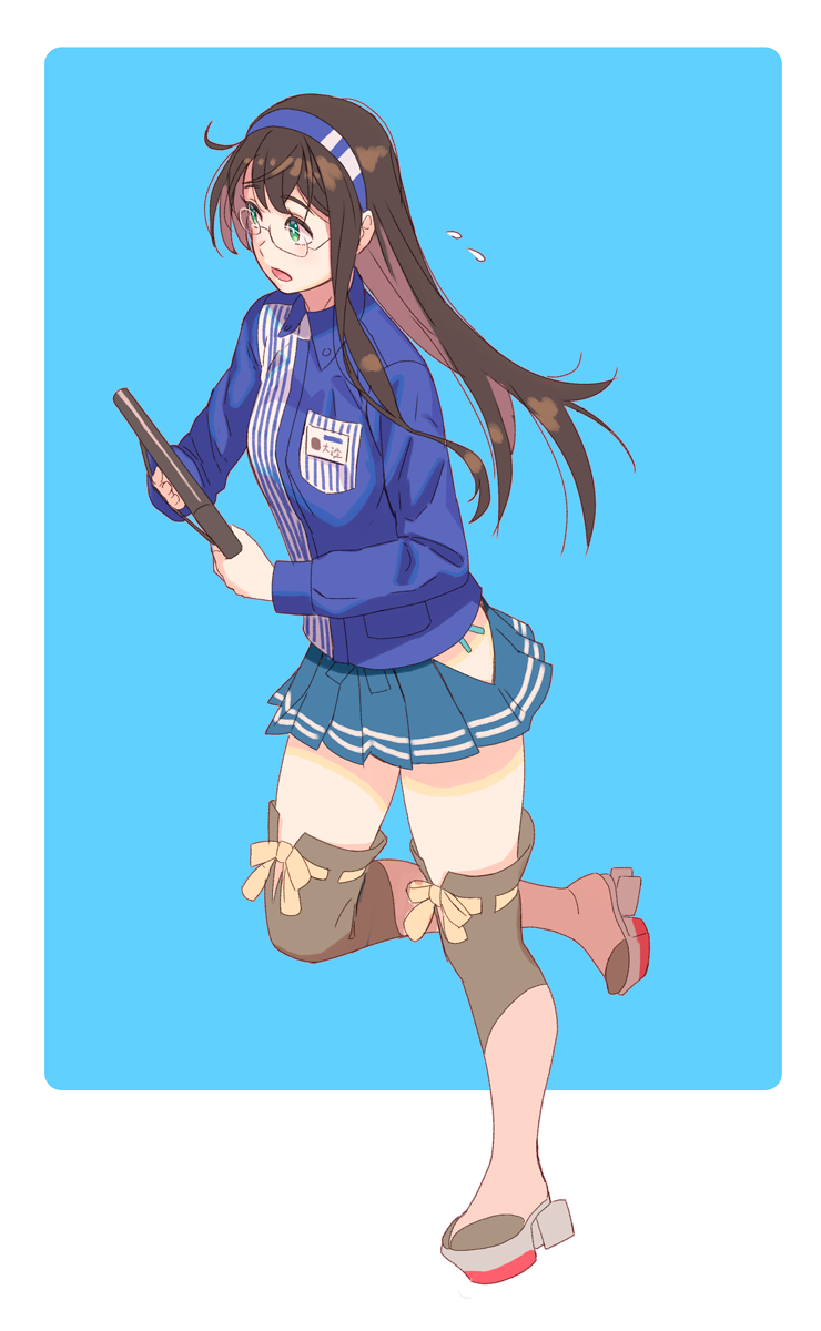 1girl, black_hair, blue_background, blue_hairband, blue_skirt, clothing_cutout, employee_uniform, female_focus