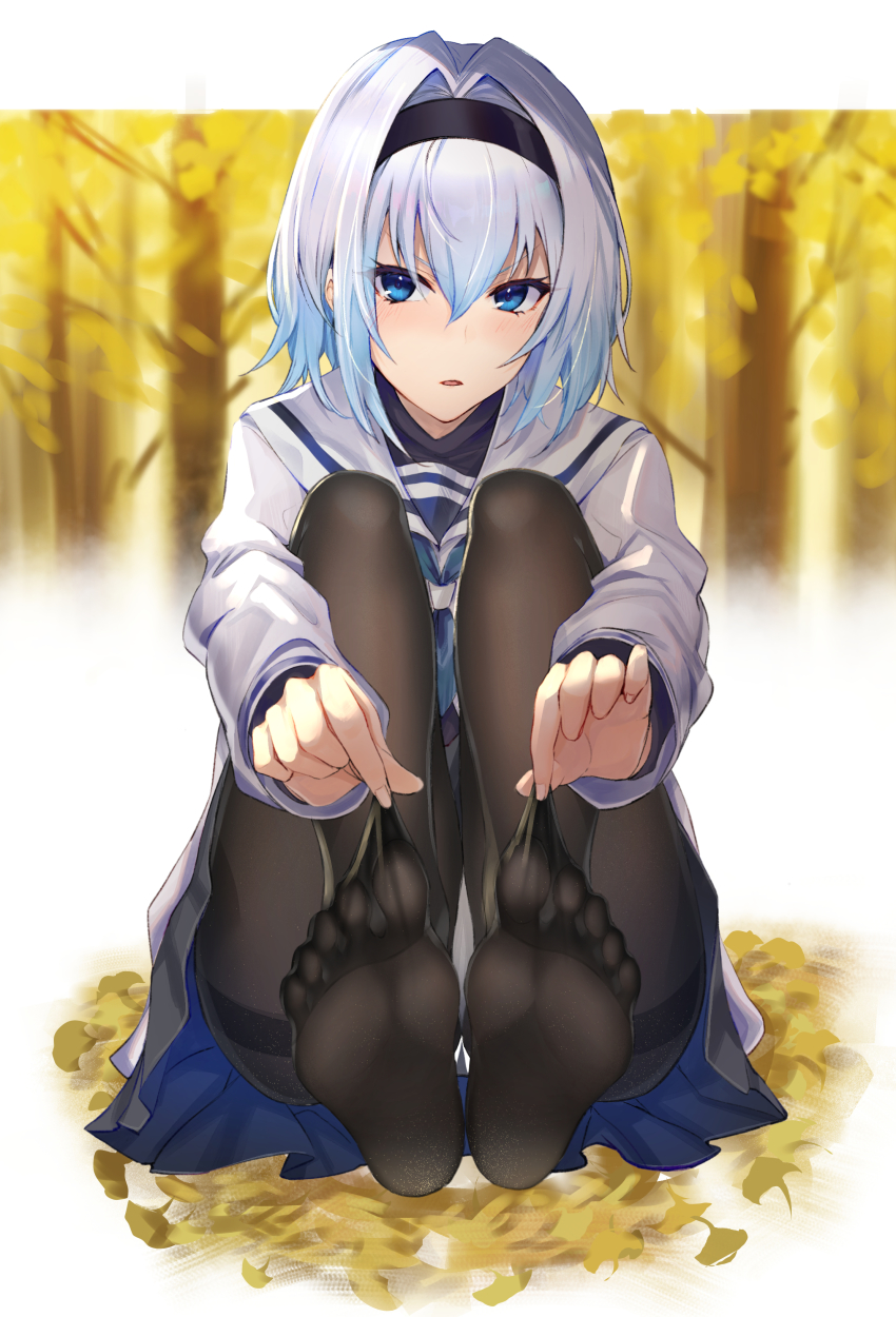 1girl, absurdres, autumn, black_hairband, black_pantyhose, black_skirt, blue_hair, blue_neckerchief