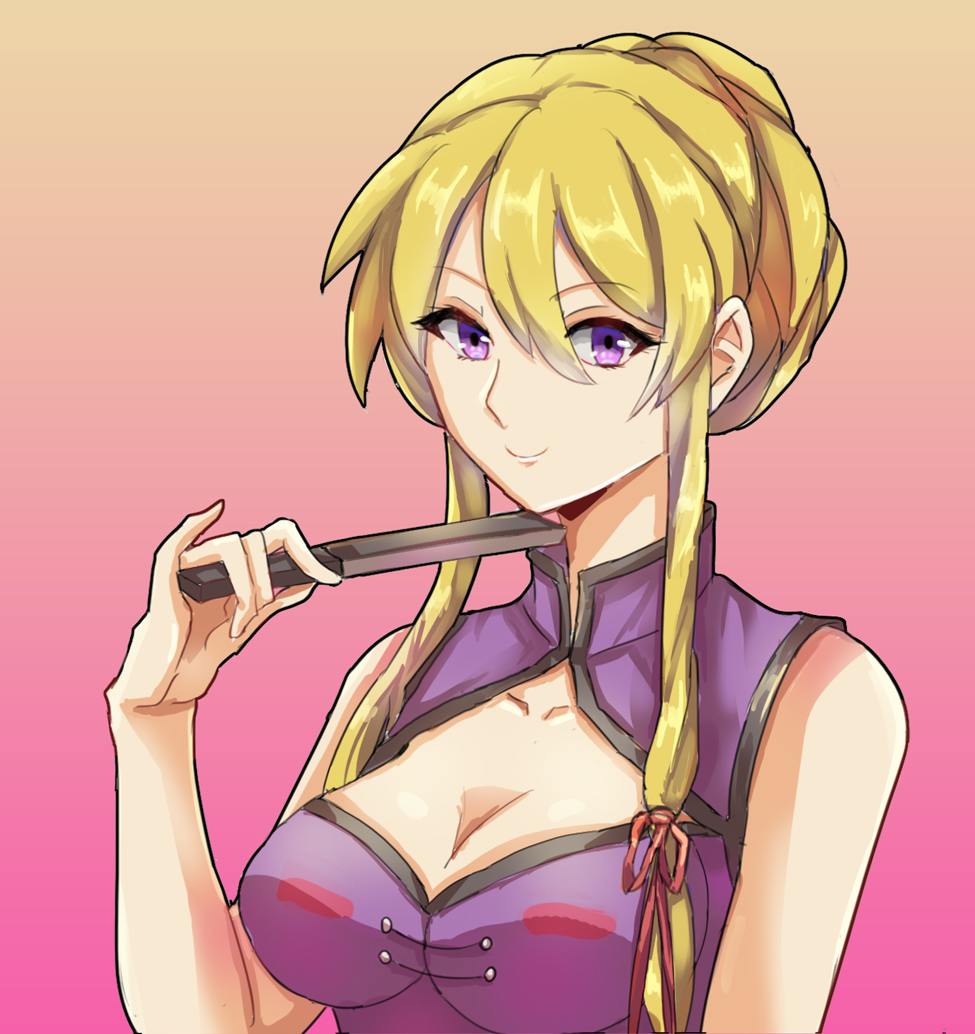 1girl, alternate_costume, arong, bare_arms, bare_shoulders, beige_background, blonde_hair, breasts