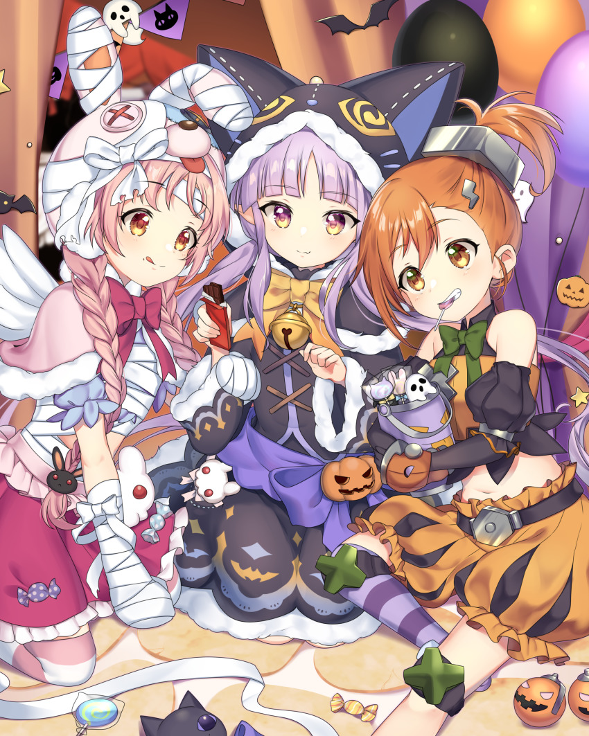 3girls, :q, absurdres, animal_ears, animal_hat, animal_hood, balloon, bandaged_arm