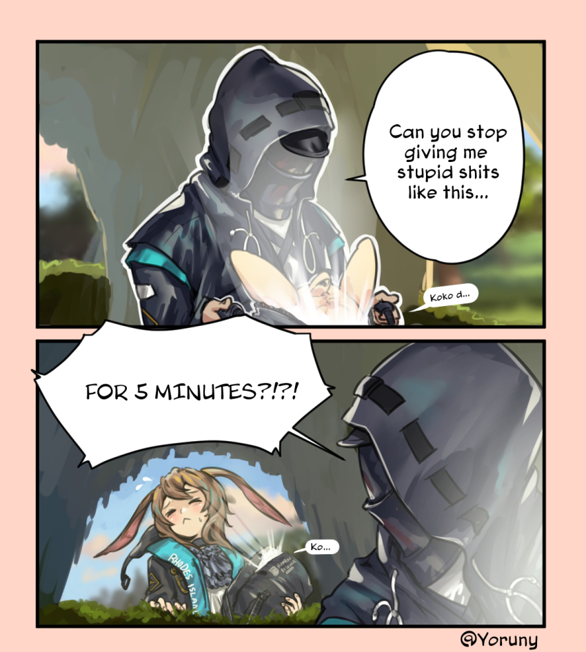 >_<, 1boy, 1girl, 2koma, :<, amiya_(arknights), animal_ears, arknights, artist_name, bag, black_jacket, border, brown_hair, carriage, comic, commentary, doctor_(arknights), duffel_bag, english_commentary, english_text, head_tilt, highres, holding, holding_bag, hood, hooded_jacket, jacket, kroos_(arknights), mask, meme, parody, pink_border, profanity, rabbit_ears, short_hair, shrek_(series), shrek_2, speech_bubble, twitter_username, upper_body, yoruny