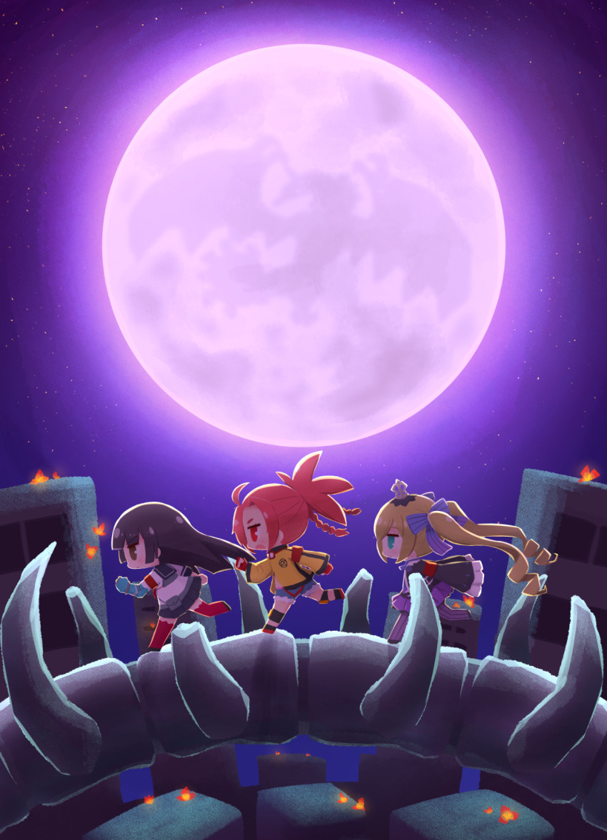 3girls, 7th_dragon_(series), 7th_dragon_2020, ahoge, armband, black_eyes, black_footwear, black_hair