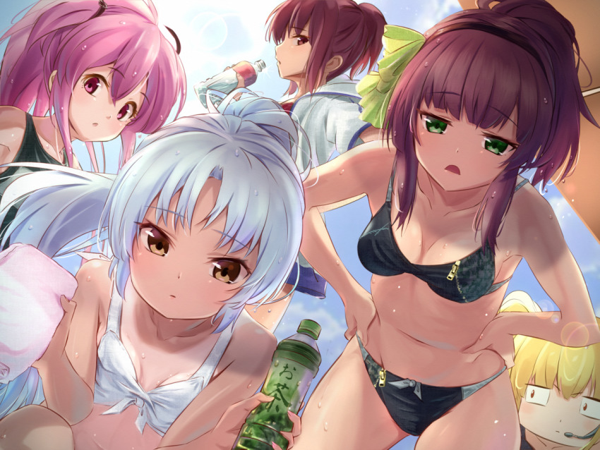 5girls, angel_beats!, bent_over, bikini, bikini_top_only, black_bikini, black_hairband, black_one-piece_swimsuit