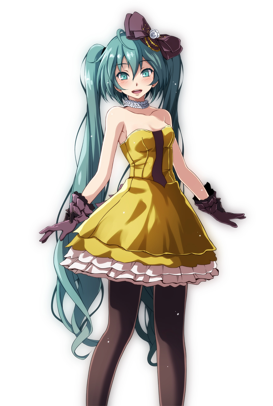 1girl, :d, ahoge, armpits, black_bow, black_gloves, black_pantyhose, blue_eyes