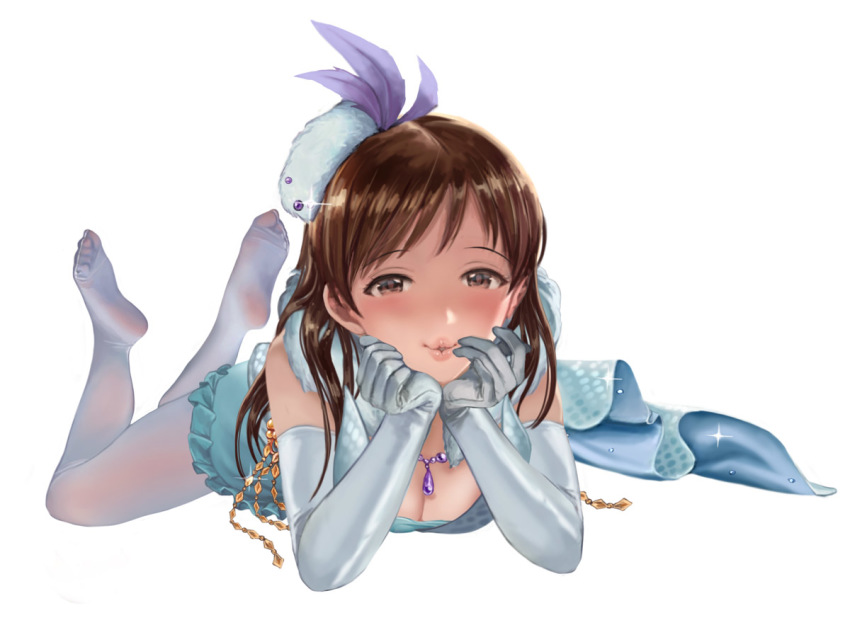 1girl, bare_shoulders, blush, breasts, brown_hair, cleavage, commentary_request, dress, elbow_gloves, female_focus, foreshortening, frills, gloves, hair_ornament, hamedoragon, has_bad_revision, has_cropped_revision, idol, idolmaster, idolmaster_cinderella_girls, jewelry, long_hair, looking_at_viewer, lying, md5_mismatch, medium_breasts, necklace, nitta_minami, no_shoes, on_stomach, pantyhose, puckered_lips, pure_white_memories, resolution_mismatch, revision, smile, solo, source_smaller, sparkle, the_pose, white_background, white_pantyhose