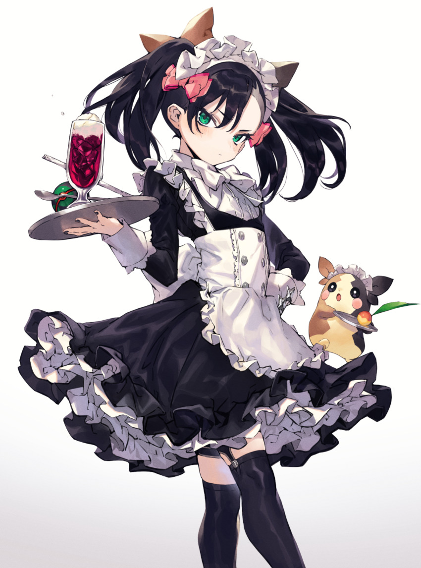 1girl, alternate_costume, apron, berry_(pokemon), black_dress, black_hair, blush, bow