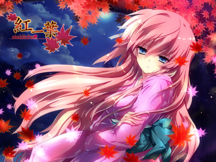 akahitoha, akahitoha_(vocaloid), autumn, blue_eyes, crossed_arms, ichiyou_moka, japanese_clothes, kimono, leaf, long_hair, megurine_luka, night, pink_hair, sky, solo, very_long_hair, vocaloid, wind