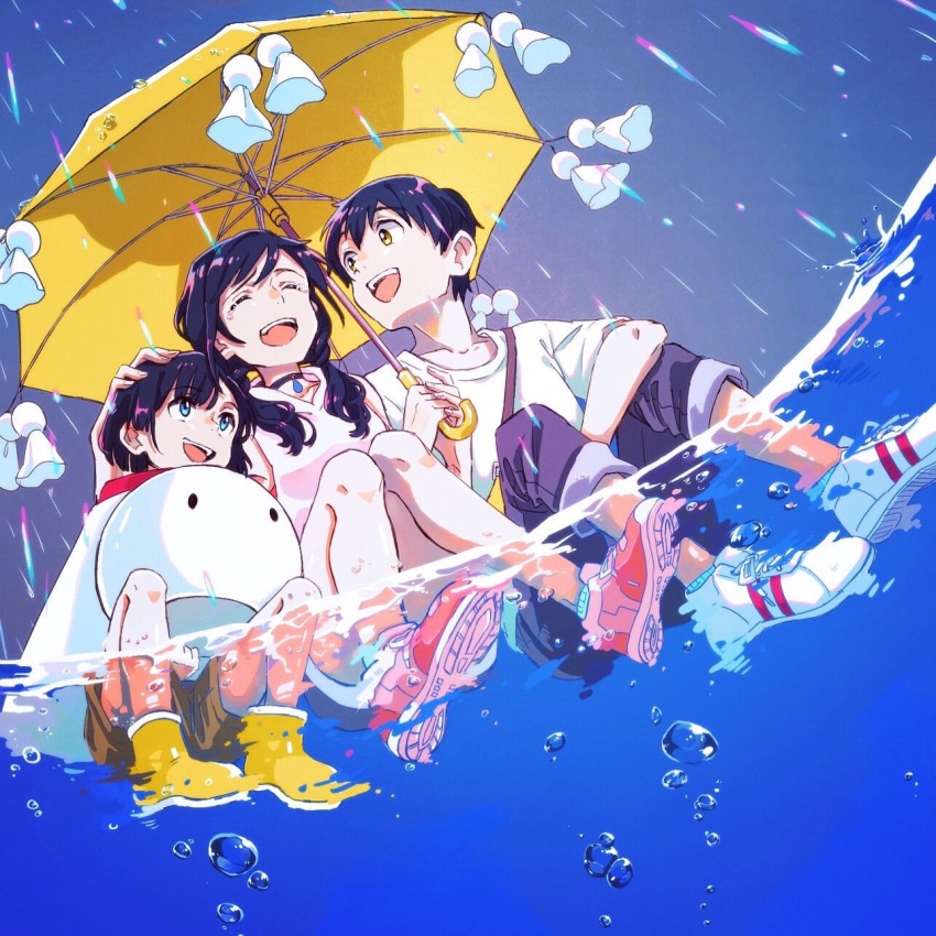 1girl, 2boys, :d, ^_^, amano_hina_(tenki_no_ko), amano_nagi, black_hair, blue_eyes