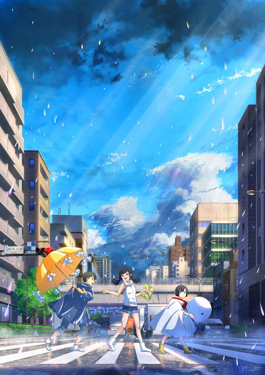 1girl, 2boys, :d, amano_hina_(tenki_no_ko), amano_nagi, bag, black_hair, blue_eyes, boots, bridge, building, car, cloud, crosswalk, day, denim, denim_shorts, highres, hood, hoodie, lamppost, looking_at_viewer, morishima_hodaka_(tenki_no_ko), motor_vehicle, multiple_boys, niko_p, open_mouth, outdoors, rain, raincoat, rubber_boots, scenery, short_shorts, shorts, signature, sleeveless, sleeveless_hoodie, smile, sunlight, tenki_no_ko, teruterubouzu, traffic_light, twintails, umbrella, walking, white_footwear, white_hoodie, yellow_boots, yellow_umbrella