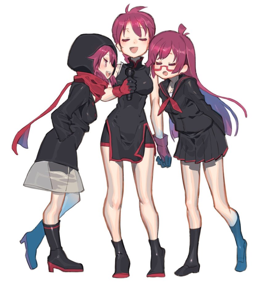 3girls, arms_behind_back, bike_shorts, black_collar, black_dress, black_footwear, black_legwear, black_shirt