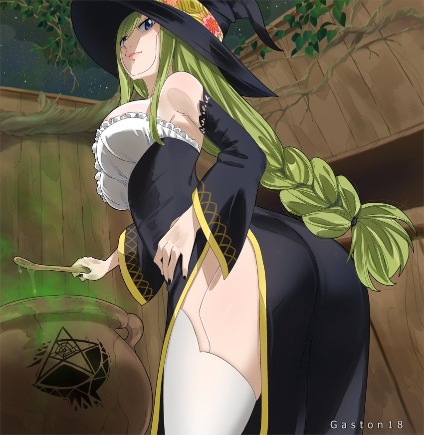 1girl, ass, bare_shoulders, blue_eyes, breasts, colorized, dress, eden's_zero, female_focus, gaston18, green_hair, hat, highres, large_breasts, long_hair, mashima_hiro, nail_polish, solo, tagme, thighhighs, witch_hat, witch_regret
