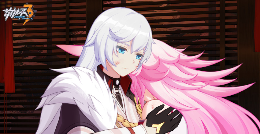 2girls, animal_ears, blue_eyes, fox_ears, game_cg, highres, honkai_(series), honkai_impact_3rd