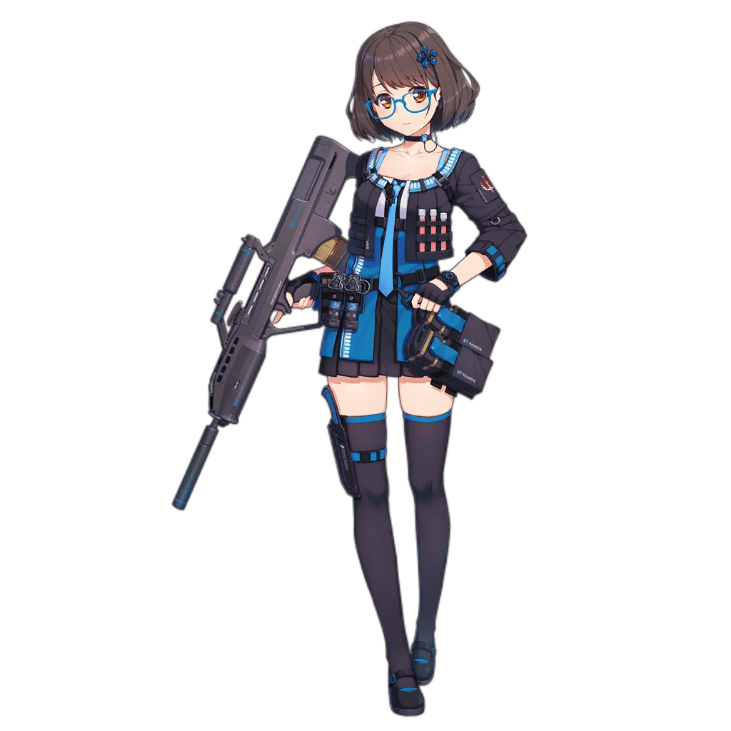 1girl, ammunition, assault_rifle, belt, black_gloves, black_jacket, black_shoes, blue-framed_eyewear
