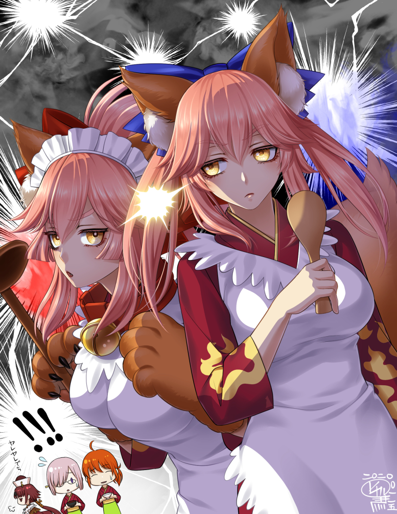 !, !!, 4girls, ahoge, animal_ear_fluff, animal_ears, animal_hands, apron, asebi_hikaru, bell, beni-enma, bird_hat, blue_ribbon, breasts, brown_headwear, brown_kimono, cat_paws, closed_eyes, collar, commentary, commentary_request, fate/grand_order, fate_(series), fox_ears, fox_girl, fox_tail, fujimaru_ritsuka_(female), glasses, gloves, hair_ornament, hair_over_one_eye, hair_scrunchie, japanese_clothes, jingle_bell, kimono, large_breasts, light_purple_hair, lightning_glare, long_hair, low_ponytail, mash_kyrielight, mash_kyrielight_(enma-tei_uniform), multiple_girls, mundane_made_awesome, neck_bell, ohitsu, orange_hair, paw_gloves, pink_hair, ponytail, red_ribbon, ribbon, scrunchie, shamoji, short_hair, spoon, sweatdrop, tail, tamamo_cat_(fate), tamamo_no_mae_(fate), translation_request, white_apron, wooden_spoon, yellow_eyes
