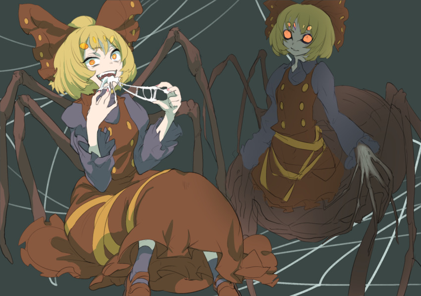 1girl, arachne, arthropod_girl, arthropod_limbs, black_shirt, blonde_hair, bow, brown_bow