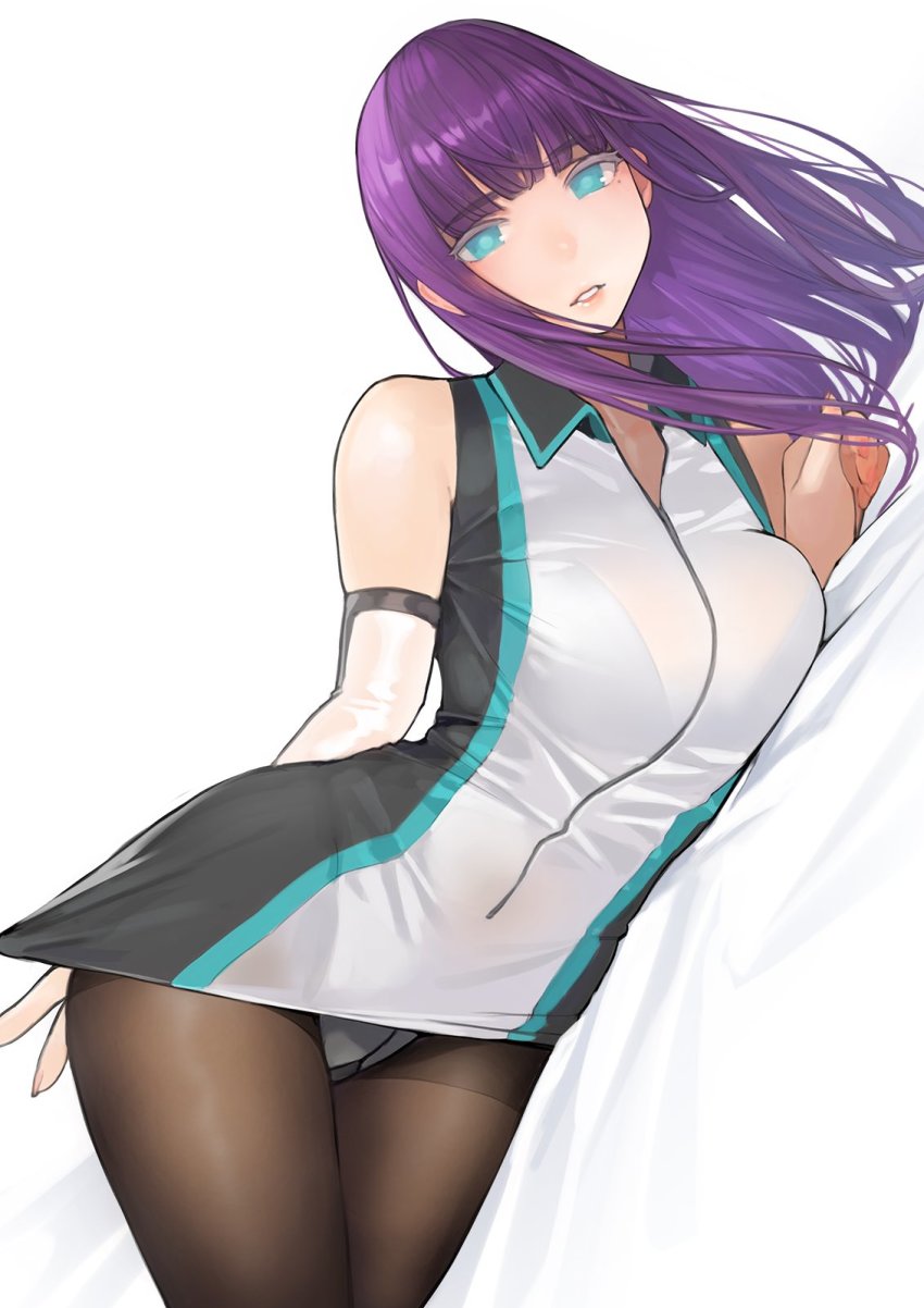 1girl, bare_shoulders, blue_eyes, blunt_bangs, blush, bra_visible_through_clothes, breasts, brown_pantyhose