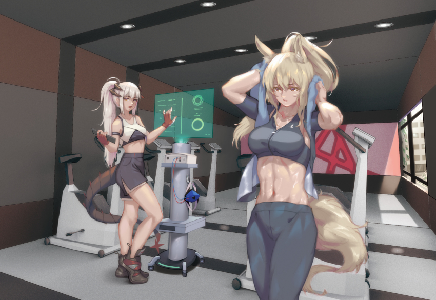 abs, animal_ear_fluff, animal_ears, arknights, blonde_hair, breasts, commentary_request, fitness_gym
