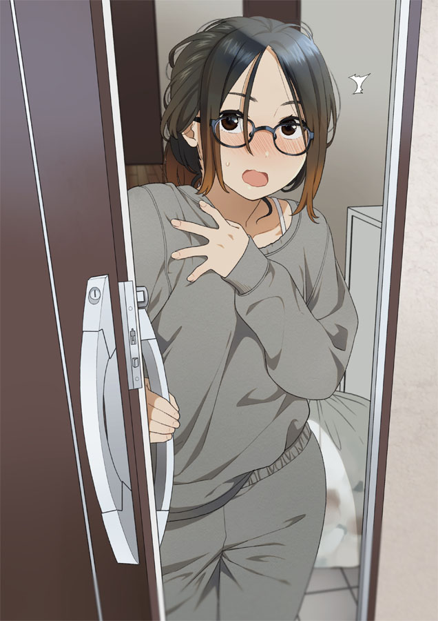 1girl, ^^^, black-framed_eyewear, black_eyes, black_hair, blush, bra_strap, brown_hair