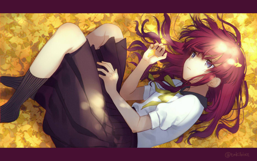 1girl, autumn, black_skirt, black_socks, blue_eyes, closed_mouth, female_focus, fetal_position