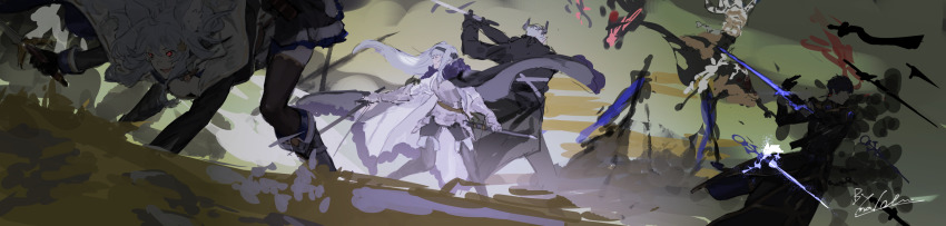 animal_ears, battle, black_hair, black_legwear, dual_wielding, faceless, faceless_male, highres