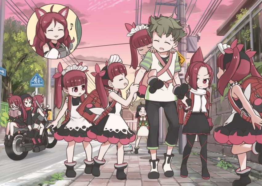 1boy, 6+girls, ^_^, animal_ears, backpack, bag, black_dress, black_footwear