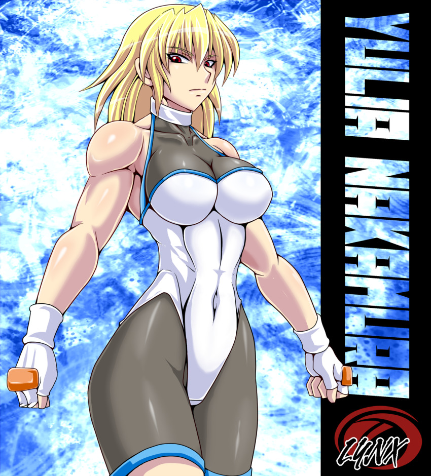 1girl, blonde_hair, breasts, character_name, cleavage, cowboy_shot, english_text, female_focus, fingerless_gloves, gloves, highres, leotard, muscular, nakamura_yulia, original, red_eyes, solo, taroimo_(00120014)