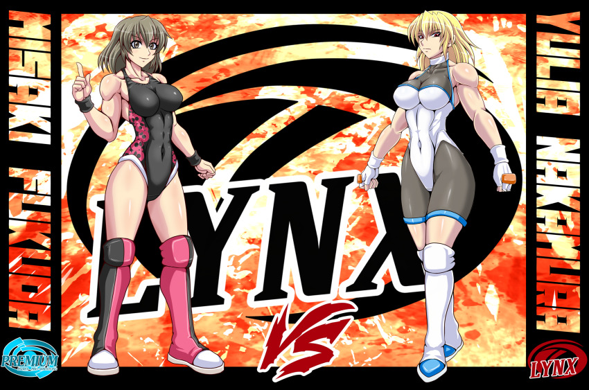 2girls, blonde_hair, boots, breasts, brown_eyes, brown_hair, cleavage, fingerless_gloves, fukuda_misaki, full_body, gloves, highres, leotard, multiple_girls, muscular, nakamura_yulia, original, red_eyes, smile, taroimo_(00120014), wristband