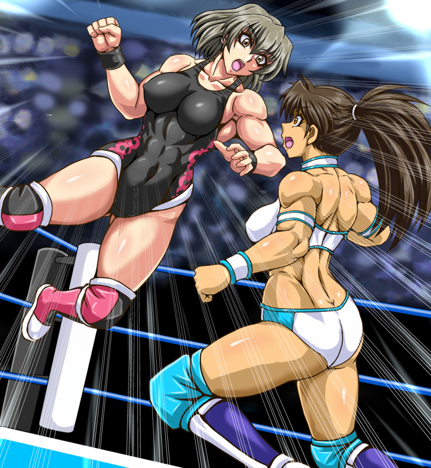 2girls, ass, boots, breasts, brown_eyes, brown_hair, butt_crack, fukuda_misaki, fuyumi_natsuko, highres, leotard, long_hair, multiple_girls, orange_eyes, original, ponytail, taroimo_(00120014), wrestling_ring, wristband