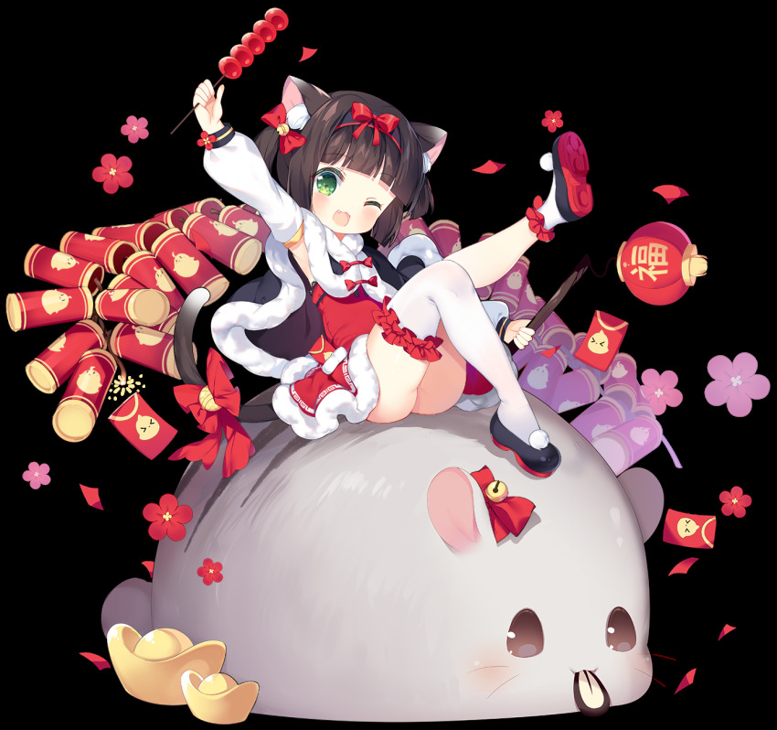 >_<, 1girl, :d, :t, ;3, ;d, ^_^, alternate_costume, animal, animal_ear_fluff, animal_ears, arm_up, ass, azur_lane, bell, black_cloak, black_footwear, black_hair, blunt_bangs, blurry, bow, cape, cat_ears, cat_girl, cat_tail, chinese_new_year, cloak, closed_eyes, closed_mouth, depth_of_field, detached_sleeves, dress, multiple_expressions, fang, firecrackers, flower, frilled_thighhighs, frills, fur-trimmed_cape, fur-trimmed_cloak, fur_trim, hair_bell, hair_bow, hair_ornament, highres, holding, jingle_bell, knee_up, lantern, leg_up, long_sleeves, looking_at_viewer, manjuu_(azur_lane), mutsuki_(azur_lane), mutsuki_(spring_festival_sweets)_(azur_lane), mutsuki_face_(azur_lane), official_alternate_costume, official_art, on_animal, one_eye_closed, open_mouth, paper_lantern, petals, pink_flower, pom_pom_(clothes), pout, puffy_long_sleeves, puffy_sleeves, red_bow, red_dress, red_flower, shoe_soles, shoes, sitting, skewer, smile, tail, tail_bell, tail_bow, tail_ornament, tanghulu, thighhighs, transparent_background, tsukimi_(xiaohuasan), twintails, white_sleeves, white_thighhighs, yuanbao