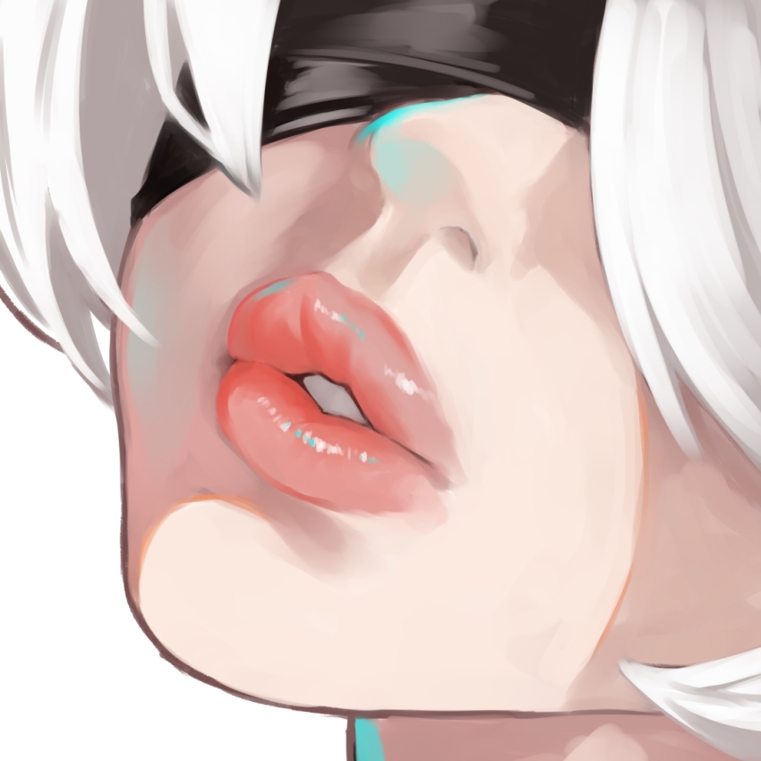 1girl, 2b_(nier:automata), blindfold, chorogon, close-up, female_focus, lips, medium_hair, nier:automata, nier_(series), parted_lips, pink_lips, simple_background, solo, white_background, white_hair