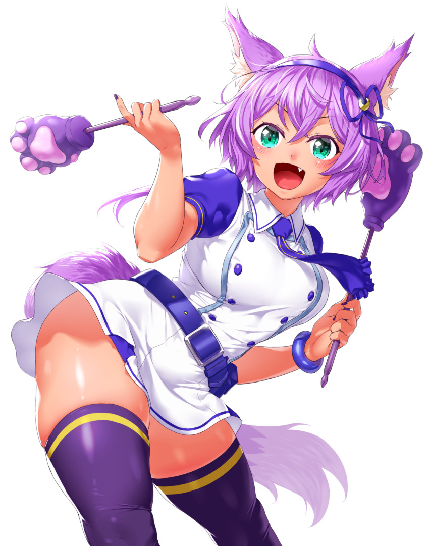 1girl, animal_ear_fluff, animal_ears, animal_hands, belt, belt_buckle, blue_belt, blue_dress