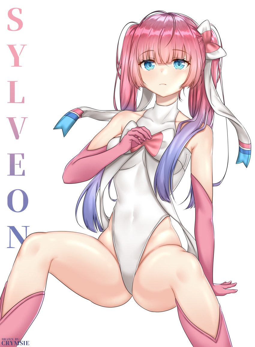 1girl, absurdres, artist_name, blue_eyes, bow, character_name, covered_navel, elbow_gloves