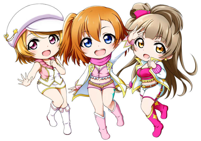 3girls, :d, arm_up, bare_arms, bare_shoulders, belt, belt_buckle, blue_eyes, blush, boots, bow, breasts, brown_belt, brown_eyes, brown_hair, buckle, newsboy_cap, chibi, cleavage, collarbone, commentary, crop_top, frills, fringe_trim, hair_between_eyes, hair_bow, hat, heart, highres, jacket, knee_boots, koizumi_hanayo, kosaka_honoka, kuena, long_hair, long_sleeves, looking_at_viewer, love_live!, love_live!_school_idol_festival, love_live!_school_idol_project, love_marginal, medium_breasts, midriff, minami_kotori, multiple_girls, navel, one_side_up, open_clothes, open_jacket, open_mouth, orange_hair, outstretched_arm, pink_boots, pink_bow, pink_shorts, printemps_(love_live!), purple_eyes, short_shorts, shorts, simple_background, skirt, sleeveless, sleeveless_jacket, sleeves_past_wrists, small_breasts, smile, standing, standing_on_one_leg, teeth, upper_teeth_only, very_long_hair, white_background, white_footwear, white_headwear, white_jacket, white_shorts, white_skirt