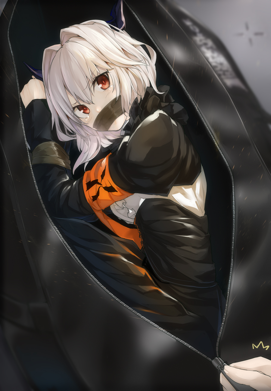 1girl, arknights, armband, bag, black_dress, breasts, commentary_request, dress