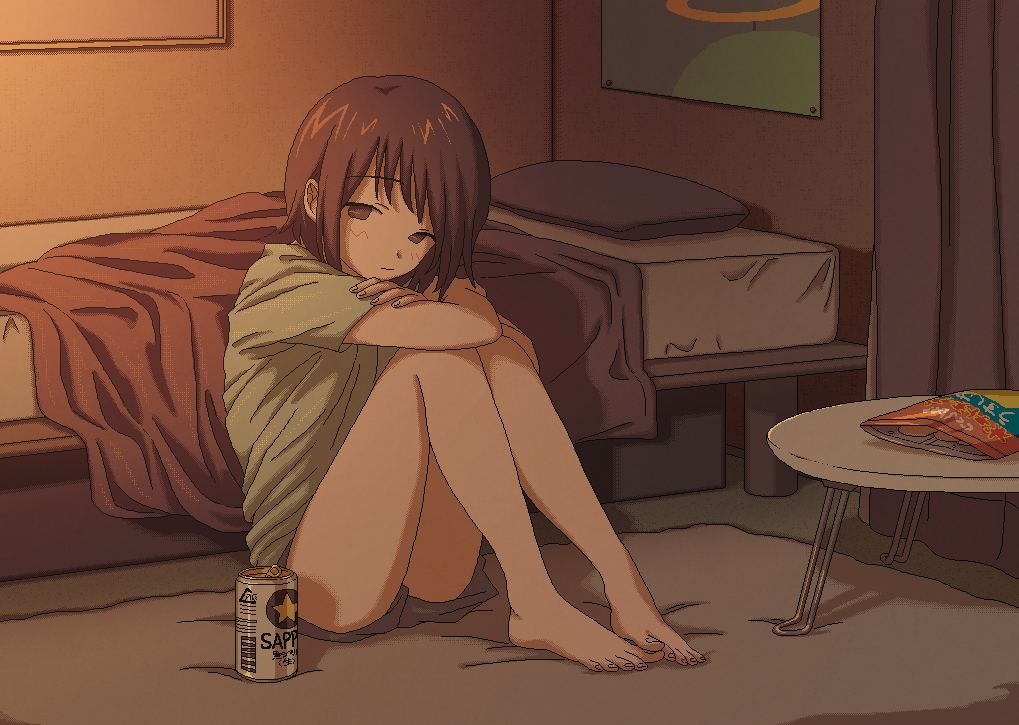1girl, barefoot, bed, can, dithering, feet, female_focus, narume