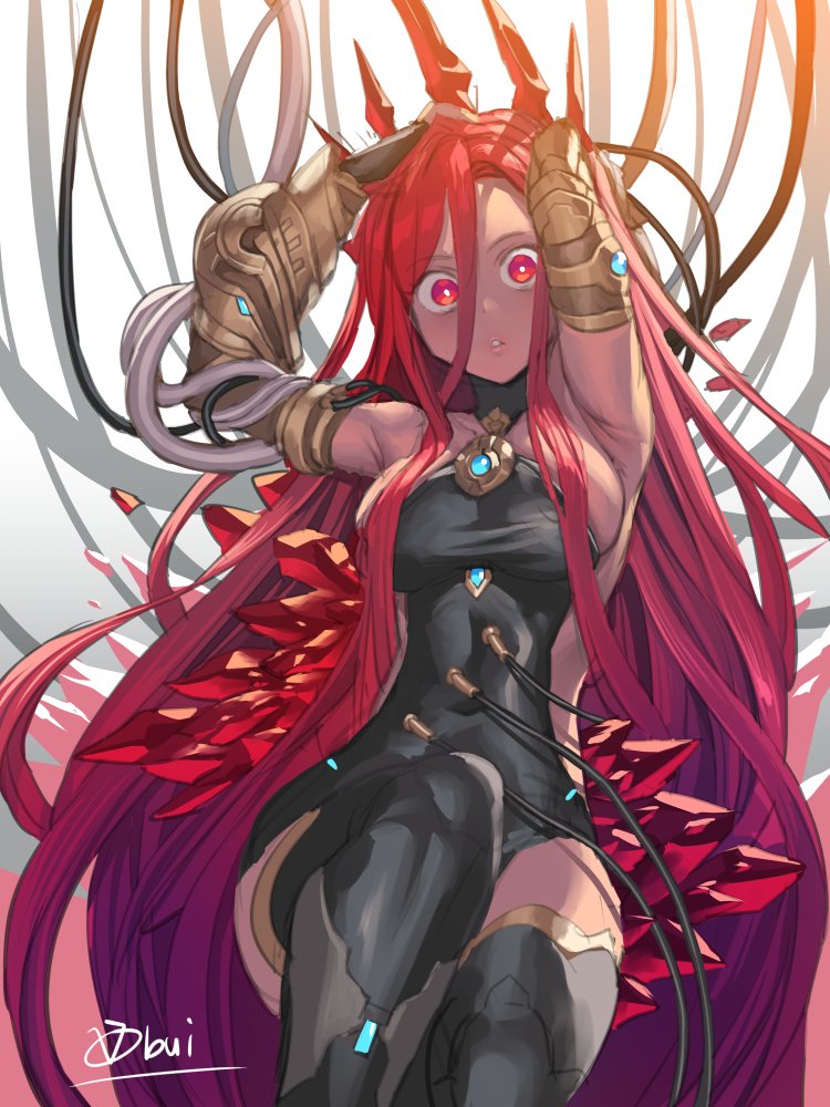 1girl, breasts, crown, crystal, dark-skinned_female, dark_skin, female_focus, gauntlets, granblue_fantasy, large_breasts, leotard, long_hair, looking_at_viewer, obui, red_eyes, red_hair, solo, thighhighs, very_long_hair, wire, yatima