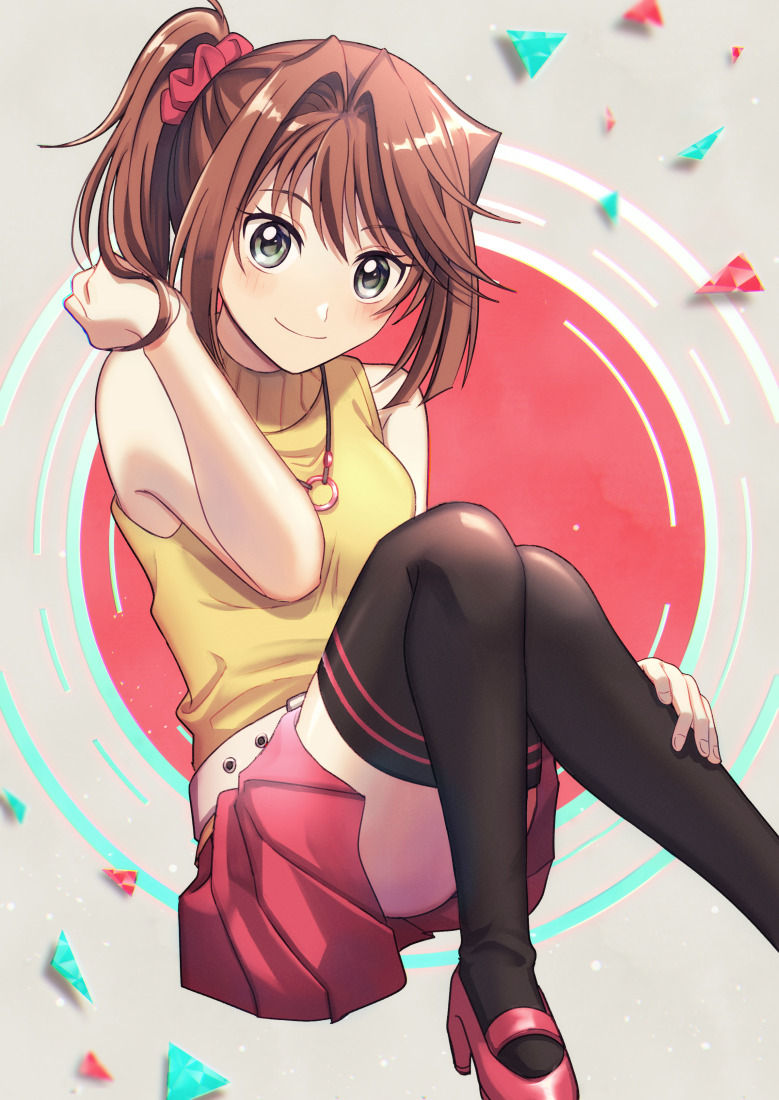 1girl, black_thighhighs, brown_hair, closed_mouth, female_focus, grey_background, grey_eyes, hair_intakes