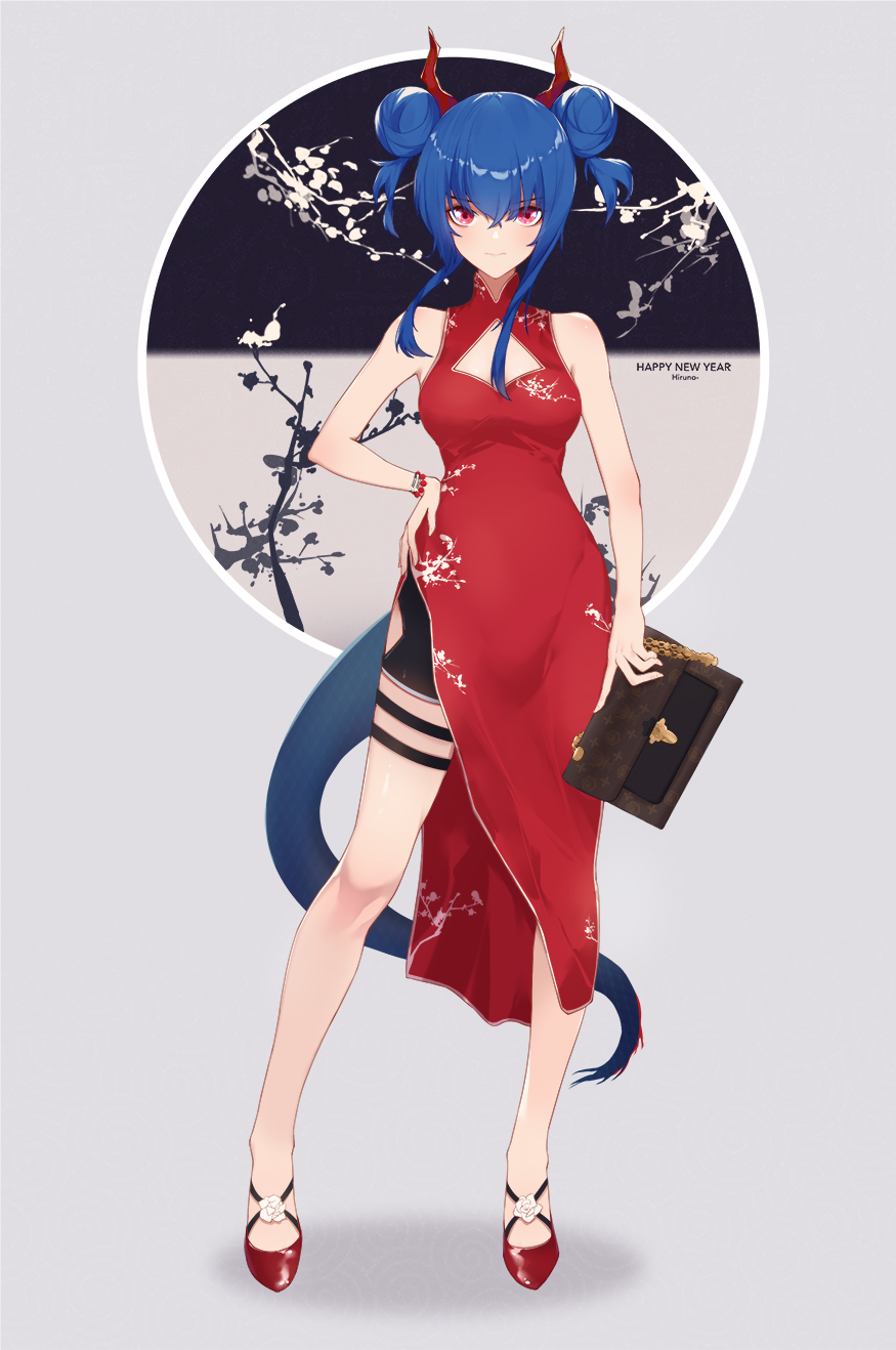 1girl, arknights, bag, bare_shoulders, black_shorts, blue_hair, blush, bracelet, breasts, ch'en_(ageless_afterglow)_(arknights), ch'en_(arknights), china_dress, chinese_clothes, cleavage_cutout, clothing_cutout, double_bun, dragon_horns, dress, female_focus, hair_between_eyes, hair_bun, hand_on_own_hip, handbag, high_heels, highres, hiruno_baizhou, holding, holding_bag, horns, jewelry, long_hair, looking_at_viewer, medium_breasts, official_alternate_costume, red_dress, red_eyes, red_footwear, shorts, side_slit, sidelocks, sleeveless, solo, standing, tail, twintails