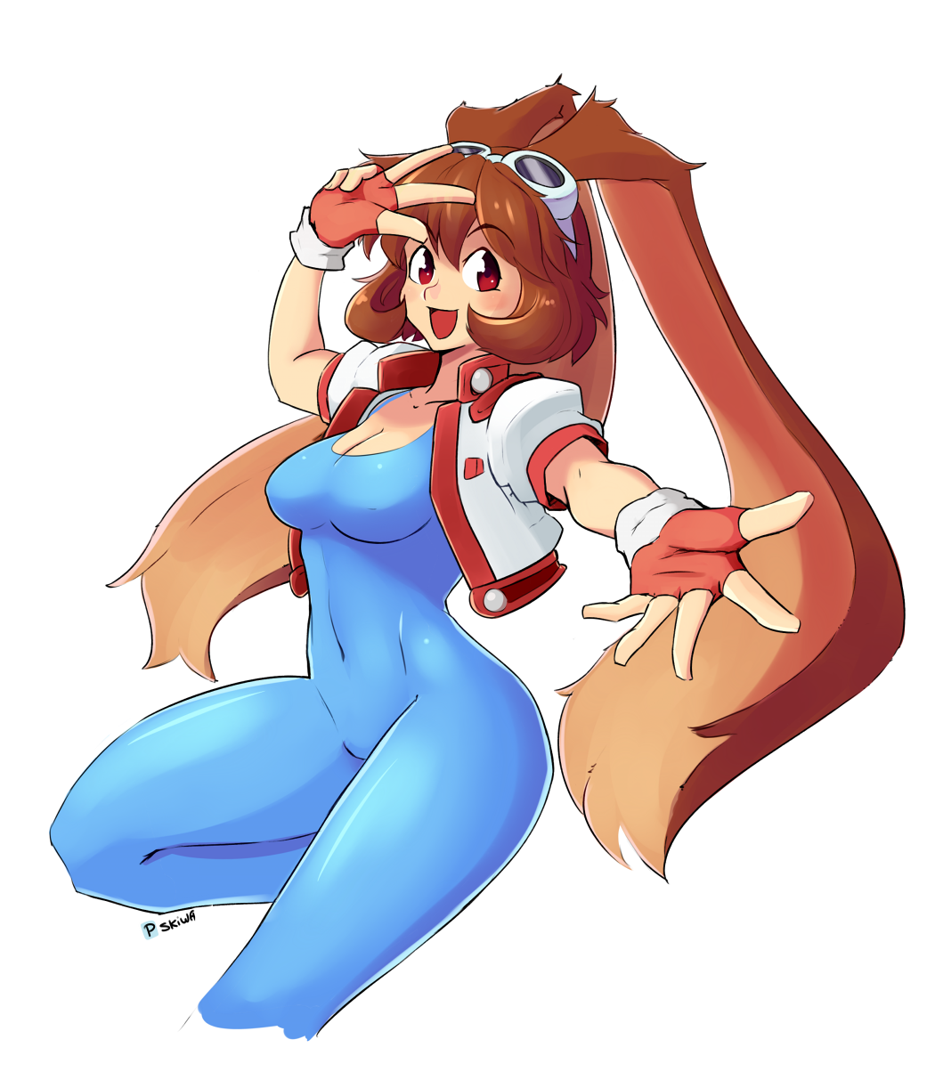 1girl, :d, animal_ears, blue_bodysuit, bodysuit, breasts, brown_eyes, brown_hair