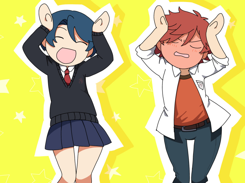 1boy, 1girl, ^_^, arms_up, belt, blue_hair, blush, caramelldansen