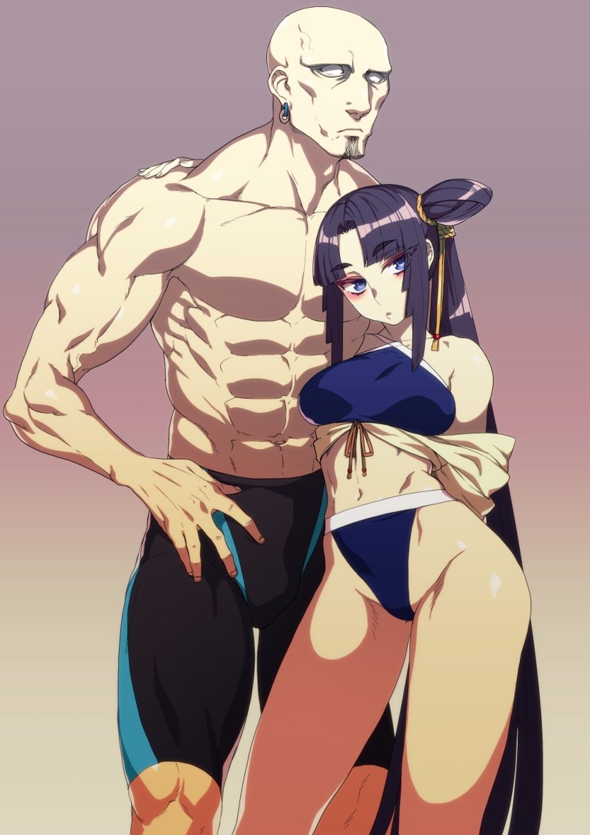 1boy, 1girl, abs, arm_around_shoulder, bad_id, bad_pixiv_id, bald, bikini