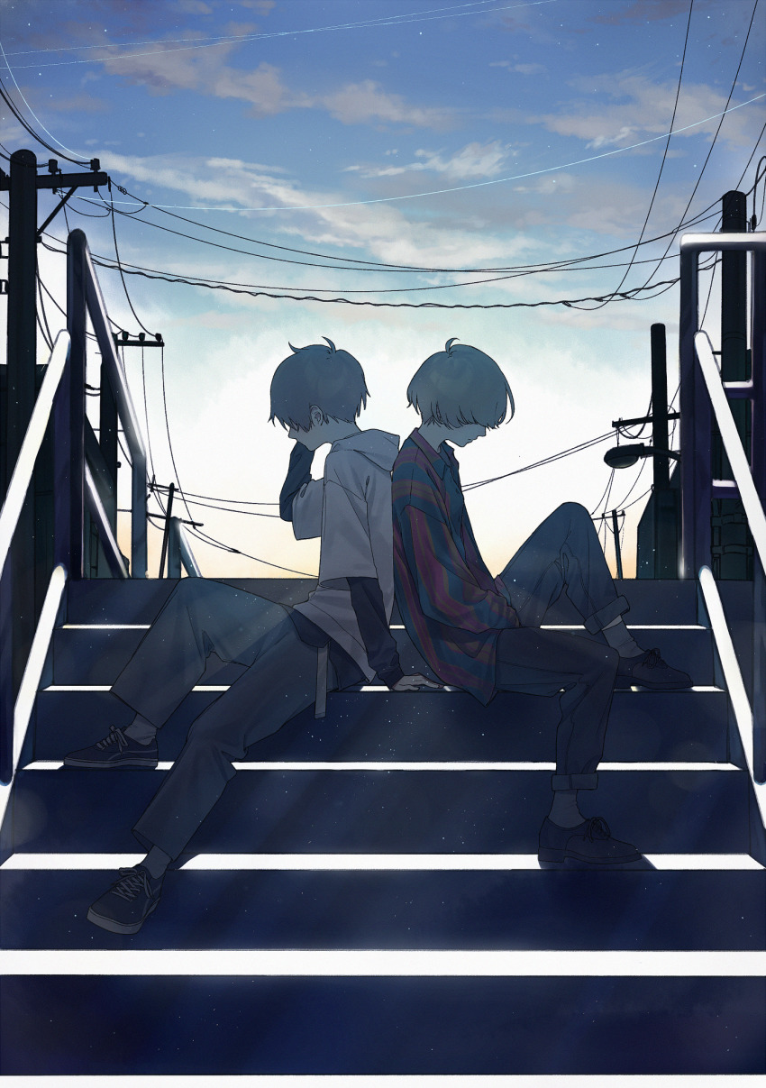 2boys, aiko_(aiko_54), back-to-back, backlighting, blouse, brown_hair, eve_(utaite), from_side