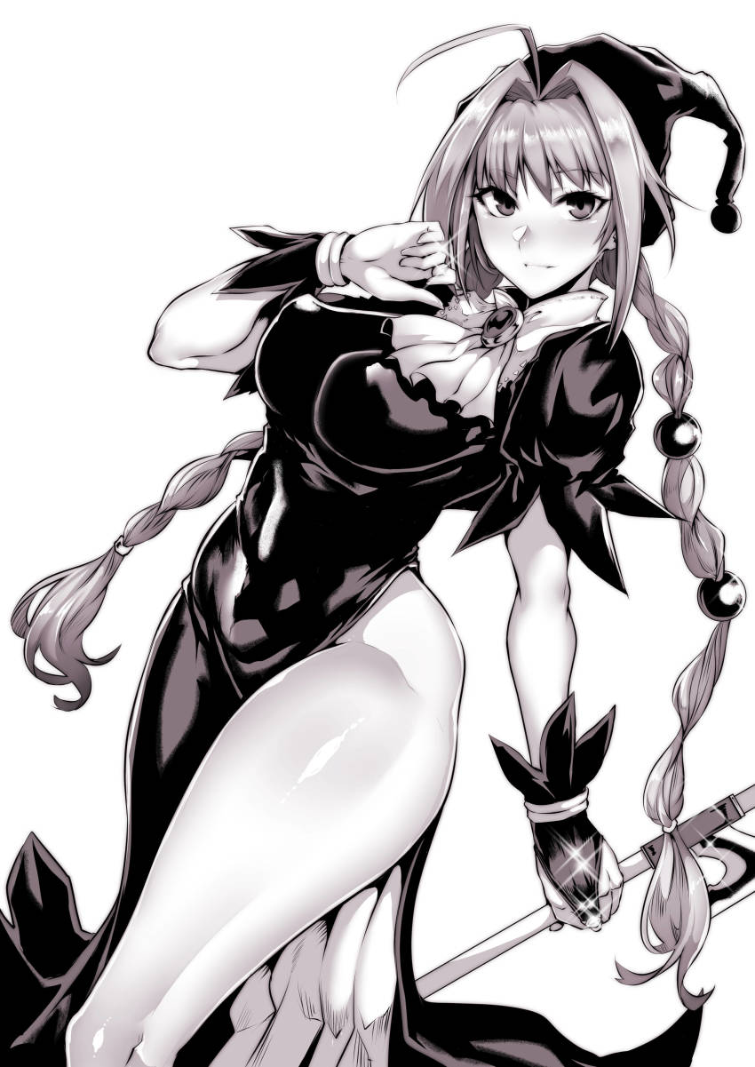 1girl, absurdres, ahoge, braid, breasts, covered_erect_nipples, dorothy_(marchen_awakens_romance), female_focus, gggg, highres, large_breasts, marchen_awakens_romance, monochrome, side_slit, solo, twin_braids, wide_hips, witch